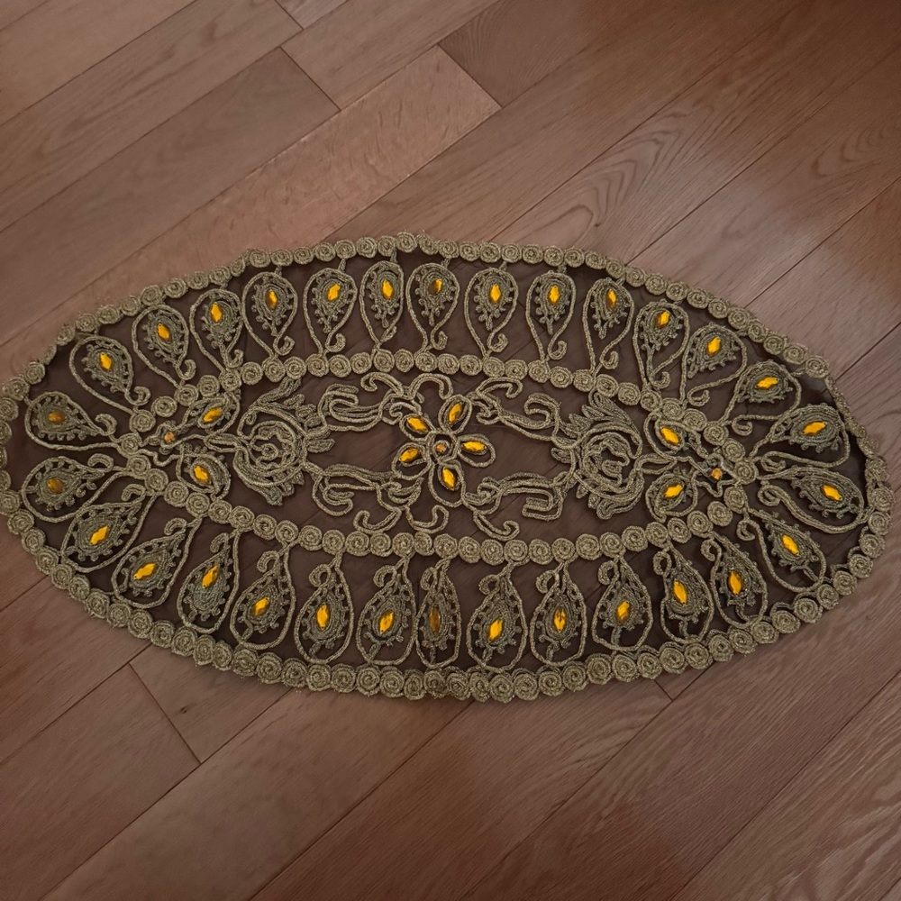 Oval Lace Table Runner with Yellow Accents— table cloth- less than 1 pound